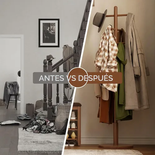 Vista 4 de Perchero de madera maciza independiente con 10 ganchos, perchero independiente con 3 alturas ajustables para abrigos, sombreros, bolsos, perchero