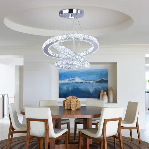Vista 2 de Candelabro LED de cristal con iluminación regulable LED moderna lámpara de techo de 3 anillos ajustable de acero inoxidable para dormitorios y sala