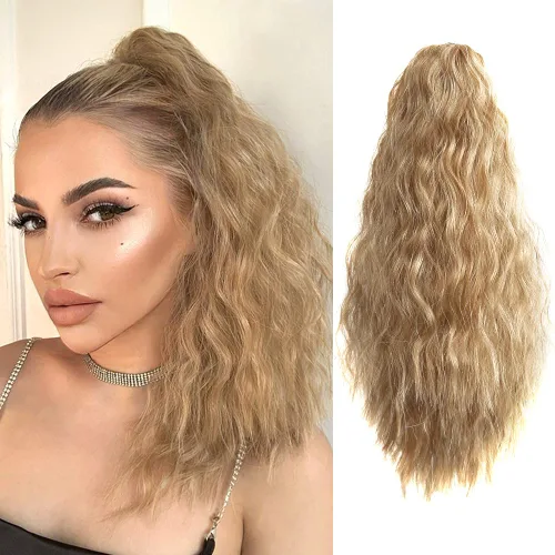 Vista 18 de Extensión de cola de caballo de garra negra natural ondulada de 16 pulgadas, extensiones de cabello sintético rizado con clip, extensiones