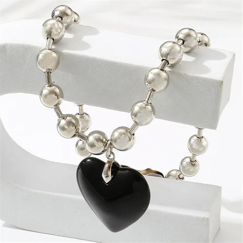 Vista 5 de Collar grueso de cristal grande con dije de corazón, collar de cadena ajustable, negro, verde, rosa, rojo, morado, arco iris, collar para mujer