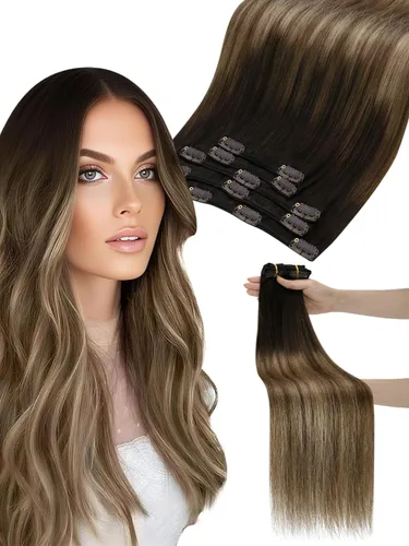 Vista 83 de Moresoo Extensiones de cabello humano con clip, balayage, color marrón oscuro a marrón dorado con clip, extensiones de cabello humano con clip, 5