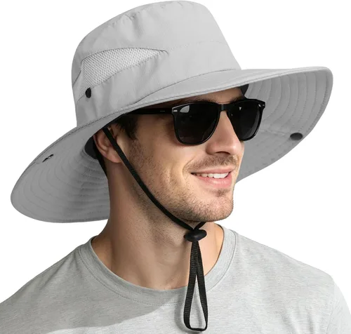 Vista 11 de NPQQUAN Sun Hats for Men Women Wide Brim UPF 50+ UV Protection Bucket Hat Gris oscuro (con malla)