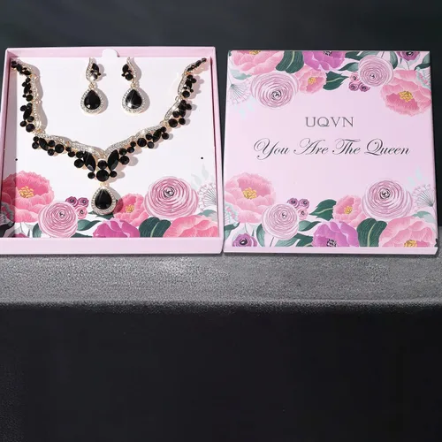 Vista 6 de Juego de aretes de collar de plata dorada roja esmeralda rosa negro azul joyería regalo para novia, mamá, esposa, abuela mujer en boda, fiesta