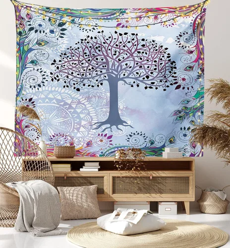 Vista 113 de Ambesonne Tapiz verde, fases lunares alrededor de un árbol de la vida, impresión de diseño bohemio de astrología nocturna, decoración de tela