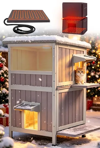 Vista 13 de Heated Cat House for Outside,Weatherproof Insulated Feral Shelter Solid wood structure with 6-sided insulated liner & certified heating pad. Keeps
