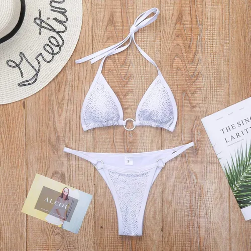 Vista 3 de Olaimisord Traje de baño de dos piezas con diamantes de imitación brillantes para mujer, conjunto de bikini triangular