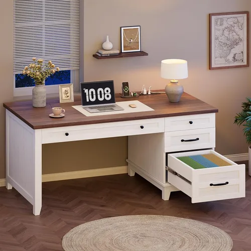 Vista 11 de GarveeHome Escritorio ejecutivo de granja con cajones, escritorio de oficina en casa de 53.54 pulgadas con estación de carga, escritorio de madera