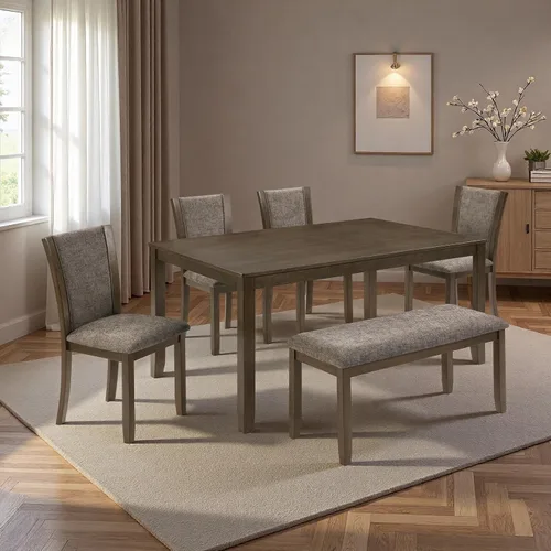 Vista 23 de Juego de mesa de comedor Trygoal para 5, juego moderno de 6 piezas para comedor con mesa rectangular, 4 sillas tapizadas con respaldo y un banco