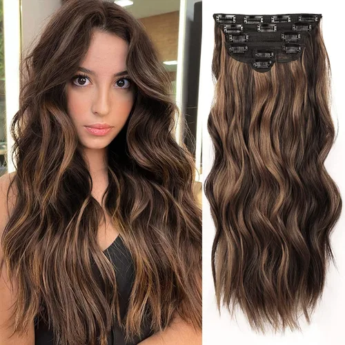 Vista 25 de NAYOO - Extensiones de cabello con clip, extensiones sintéticas onduladas de 20 pulgadas, 6 unidades Wavy Curly Hair, Full Head Coverage, Heat