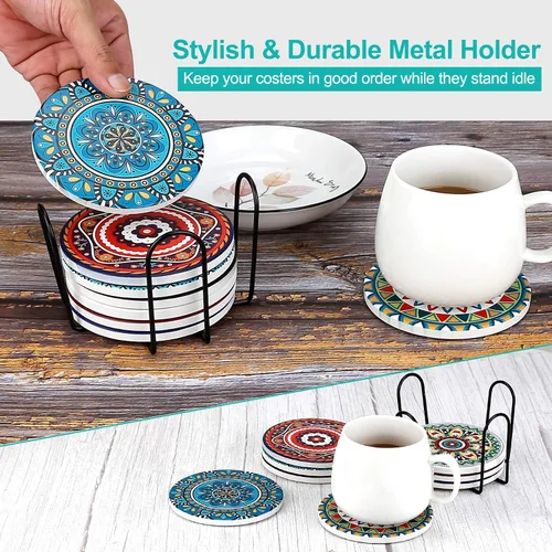 Vista 7 de Juego de 8 posavasos absorbentes de piedra para mesa de madera, mandala de cerámica con base de corcho, regalo para inauguración de la casa