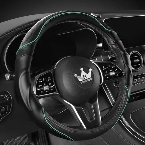 Vista 17 de HighnessHwoo Funda 3D para volante de automóvil, agarre cómodo, masaje deportivo, antideslizante, de fibra de carbono, piel sintética para sedán