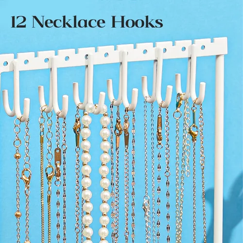 Vista 8 de X-cosrack Soporte para aretes, organizador de joyas de 5 niveles con bandeja de madera, 132 agujeros, blanco + natural