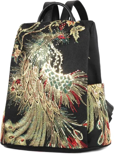Vista 2 de Bolso bordado de la mochila de las mujeres, bolso antirrobo de la mochila del viaje de la lona de la moda, Bordado con purpurina, Mochilas de mochila