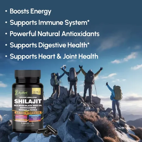 Vista 5 de Shilajit - Cápsulas orgánicas de Shilajit del Himalaya para hombres y mujeres, con musgo marino, aceite de semilla negra, Ashwagandha, Rhodiola