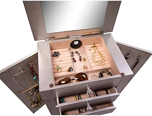 Vista 7 de Hives and Honey Kimberly Jewelry Armoire Moderno organizador de almacenamiento plateado con cajones divididos y ganchos para collares, diseño