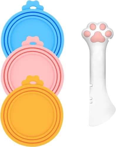 Vista 9 de Cuchara para latas de comida para gatos y 3 tapas de latas, bonitas fundas con forma de pata y abridor para alimentos húmedos, silicona universal