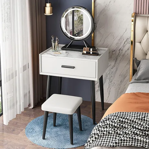 Vista 9 de Juego de mesa de tocador con espejo de brillo ajustable y taburete acolchado, mesa de maquillaje con cajón grande para mujeres, niñas pequeñas Gris