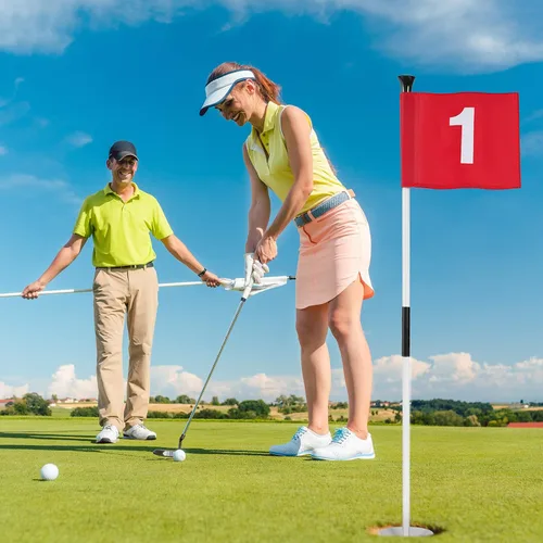 Vista 5 de Lewtemi 3 piezas de palo de bandera de golf, bandera verde para patio, todos los 3 pies, taza de agujero de golf desmontable, palos portátiles