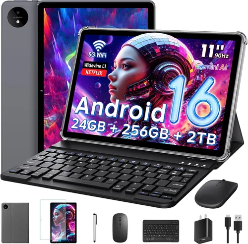Vista 9 de Tablet Android 16 de 11 pulgadas con teclado, 24 GB de RAM + 256 GB de ROM (expansión de 2 TB), T7250 Octa-Core, pantalla IPS FHD de 1920 x 1200