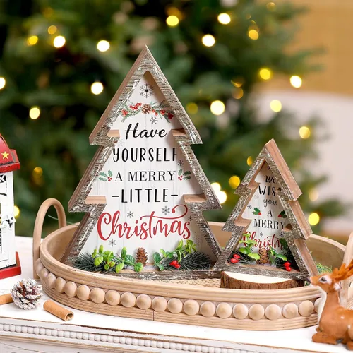Vista 6 de Pinkunn 2 piezas de decoraciones de Navidad para el hogar, decoración de árbol de Navidad con piñas de madera rústica, centro de mesa de Navidad