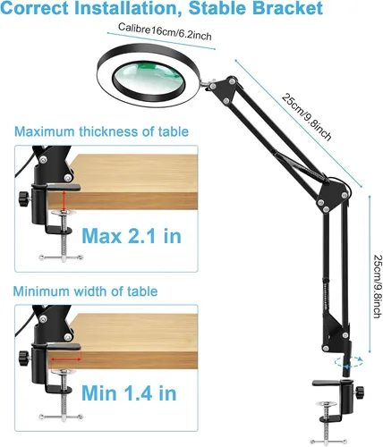 Vista 5 de Lupa de Aumento 10X con Luz y Abrazadera, Lupa de Cristal Real con LED Iluminada, 3 Modos de Color 10 Niveles Regulables, Lámpara de Aumento