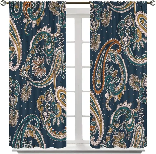 Vista 267 de Cortinas opacas con estampado de flores de cachemira, estampado de cachemira sobre fondo blanco, para decoración del hogar, cocina, restaurante