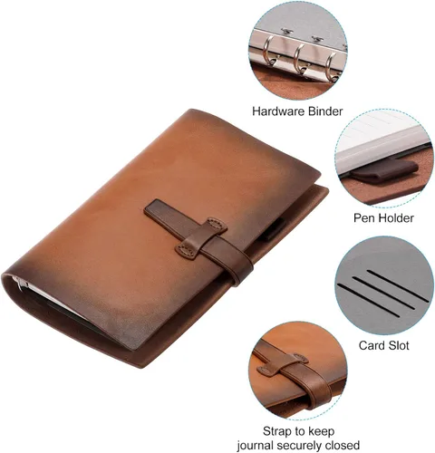 Vista 4 de PATIKIL Diario A6 de piel sintética, organizador personal recargable de hojas sueltas, cuaderno rayado con hebilla para oficina de negocios