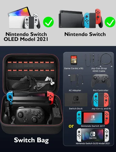 Vista 2 de Switch Case for Nintendo Switch and Switch OLED Model, Portable Full Protection Hard Carrying Storage Travel Bag fits Switch Console Pro Controller