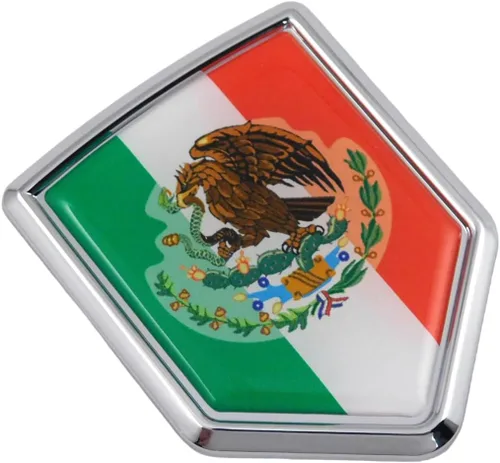 Vista 5 de Calcomanía 3D cromada con la bandera de México, emblema mexicano, forma de escudo de Car Chrome Decals