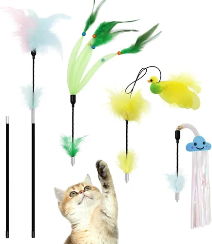 Vista 8 de SONGWAY Varita de juguete para gatos – Juguete de varita de gato con 4 piezas de repuesto de juguete de plumas de insecto, juguetes interactivos