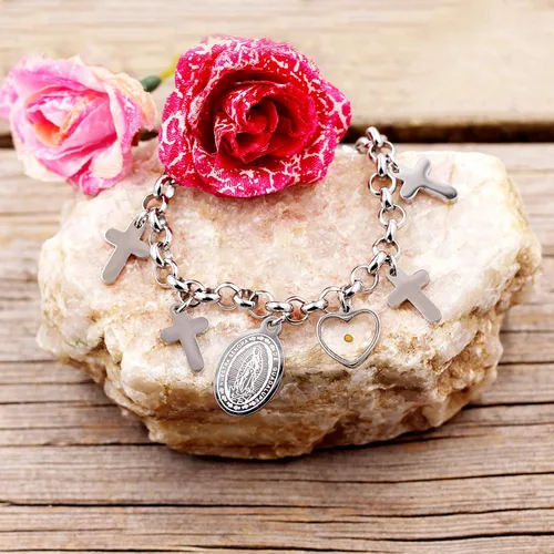 Vista 4 de Madre María Milagrosa Medalla Enlace Cadena Pulsera Mostaza Semilla Cruz Cristiana Joyería Acero Inoxidable Y914