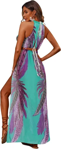 Vista 4 de BIUBIU - Vestido para mujer, sexy, estilo bohemio, floral, halter, para verano, playa, fiesta, con abertura, salida de baño, vestido maxi