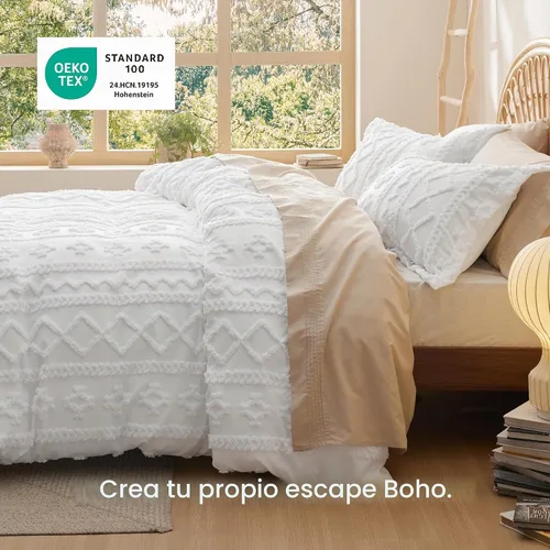 Vista 4 de Bedsure Funda de edredón bohemia tamaño matrimonial, bordado copetudo, 3 04 - Blanco - Elegante (sin edredón)