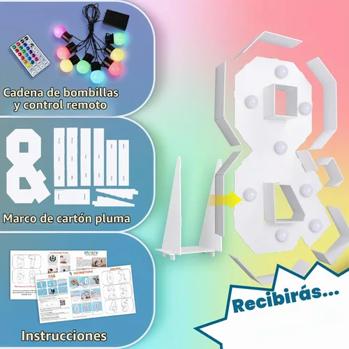 Vista 5 de Imprsv Letras coloridas de marquesina de 3 pies y letras grandes iluminadas RGB con control remoto, decoraciones de fiesta de cumpleaños Carta