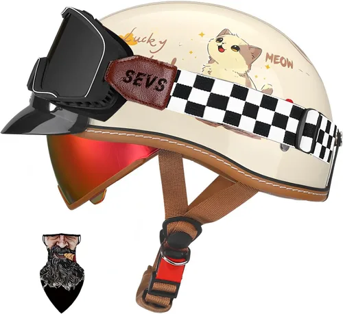 Vista 10 de Casco Moto Retro Jet para hombres y mujeres Homologado DOT, Medio Casco ABS, Ventilación Doble, Visera Retráctil y Forro Desmontable Fresco