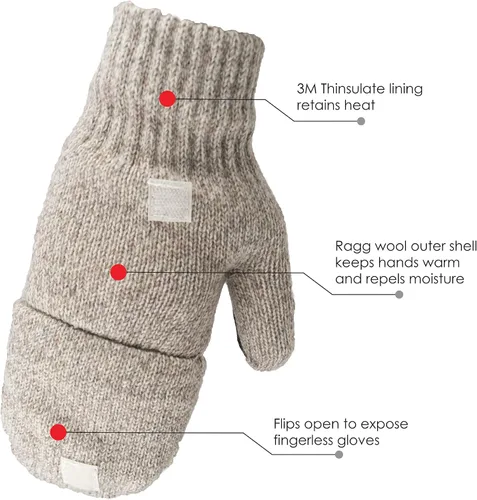 Vista 3 de Illinois Glove Company 360 Rag Wool Glomitt Flip Mitten 3M Thinsulate Forrado Tan