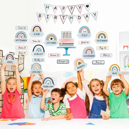 Vista 5 de 60 Piezas de Decoración Bohemia para Aula, Juego de Decoraciones para Tablón de Anuncios de Cumpleaños, Decoración de Tablón de Anuncios Arcoíris