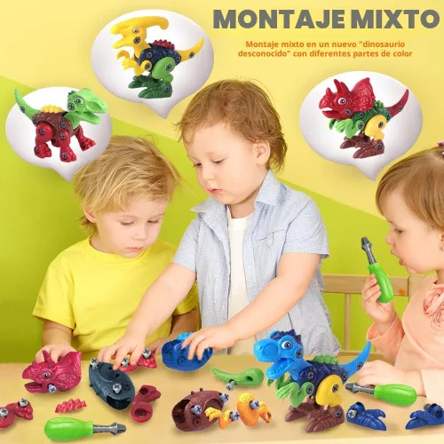 Vista 5 de Juguetes de dinosaurio para niños de 3, 4, 5, 6, 7 años, juguetes desmontables con taladro eléctrico para niños, juguete educativo de construcción