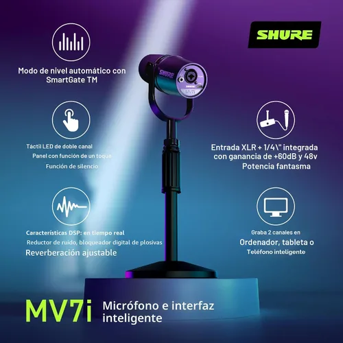 Vista 3 de Shure MV7i - Micrófono inteligente USB-C y XLR para podcasting, música y transmisión con interfaz de audio incorporada, modo de nivel automático