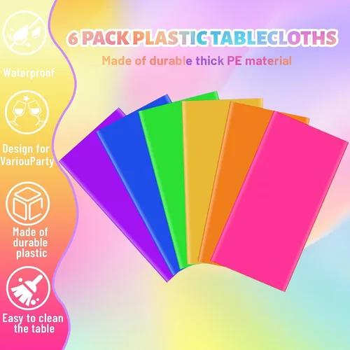 Vista 3 de Paquete de 6 manteles de neón desechables de plástico arcoíris para decoraciones de fiestas, suministros de cumpleaños y bodas (color neón)