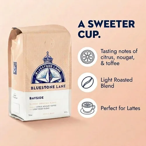 Vista 2 de Bluestone Lane Granos de café, Bayside Blonde Light Roast, grano entero, bolsa de 12 onzas