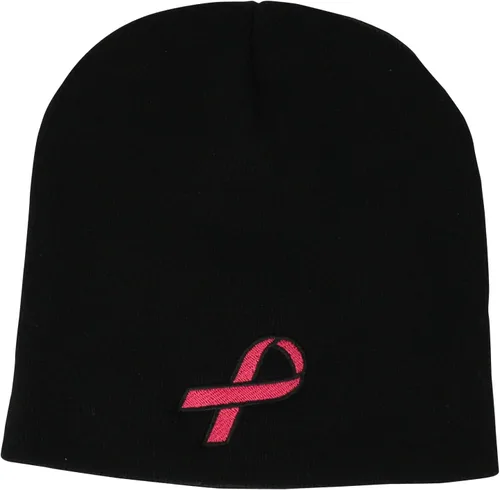 Vista 4 de Trendy Apparel Shop Breast Cancer Awareness Pink Ribbon Embroidered Knit Short Beanie Hat Black