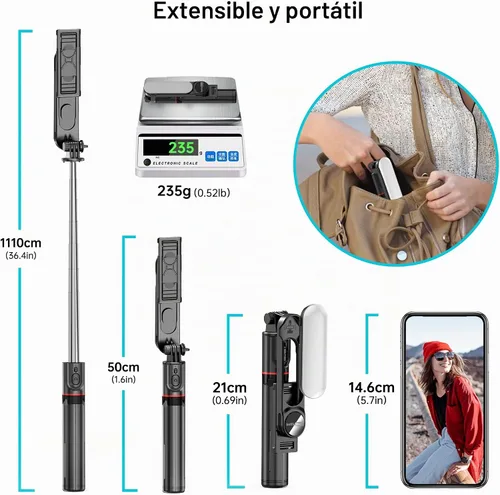 Vista 7 de Trípode estable para selfie stick con luz de relleno, palo selfie extensible de 44 pulgadas con control remoto inalámbrico y soporte de trípode Negro