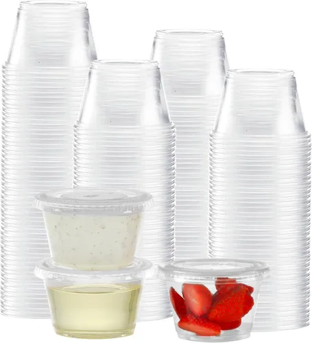 Vista 7 de TashiBox 200 juegos de vasos de gelatina de 1 onza con tapas, vasos de plástico para porciones de soufflé con tapas, transparentes