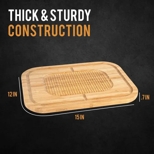 Vista 2 de Masirs Tabla de cortar de madera de bambú, lados reversibles para cortar y tallar, crestas elevadas para mantener la carne en su lugar y ranuras