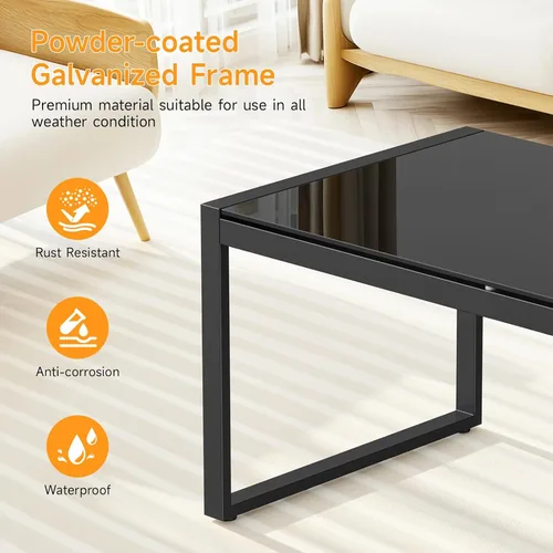 Vista 3 de ONBRILL Mesa de café rectangular con escritorio de vidrio templado, mesa de café para exteriores con marco galvanizado y pies ajustables para patio