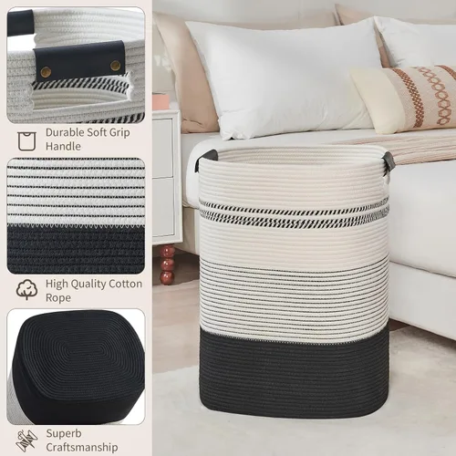Vista 2 de DOFASAYI Cesta de Ropa Sucia - Cesta de Lavandería Grande de 85L con Asas de Cuero, Cesta de Almacenamiento Decorativa para Mantas - Cesta de Ropa