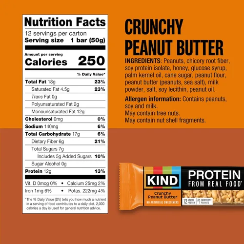 Vista 2 de KIND Barras de proteínas, mantequilla de maní crujiente, aperitivos saludables, sin gluten, 0.47 onzas de proteína, 12