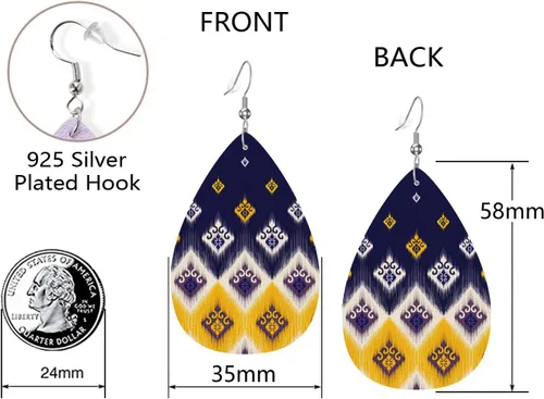 Vista 3 de Aretes de lágrima de cuero azul y amarillo para mujer, coloridos aretes colgantes ligeros de doble impresión para mujeres y niñas, joyería de moda