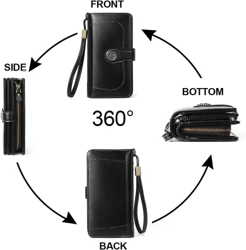 Vista 6 de Cartera de cuero para mujer, de gran capacidad, bolso de mano con bloqueo RFID, tarjetero con ventana de identificación, Negro